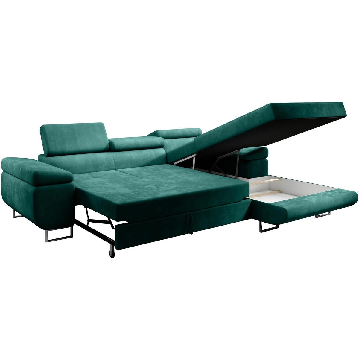 ECKSCHLAFSOFA Alons verstellbaren Kopfstützen, Dunkelgrün, rechts - Chromfarben/Dunkelgrün, Textil (275/203cm) - Beautysofa