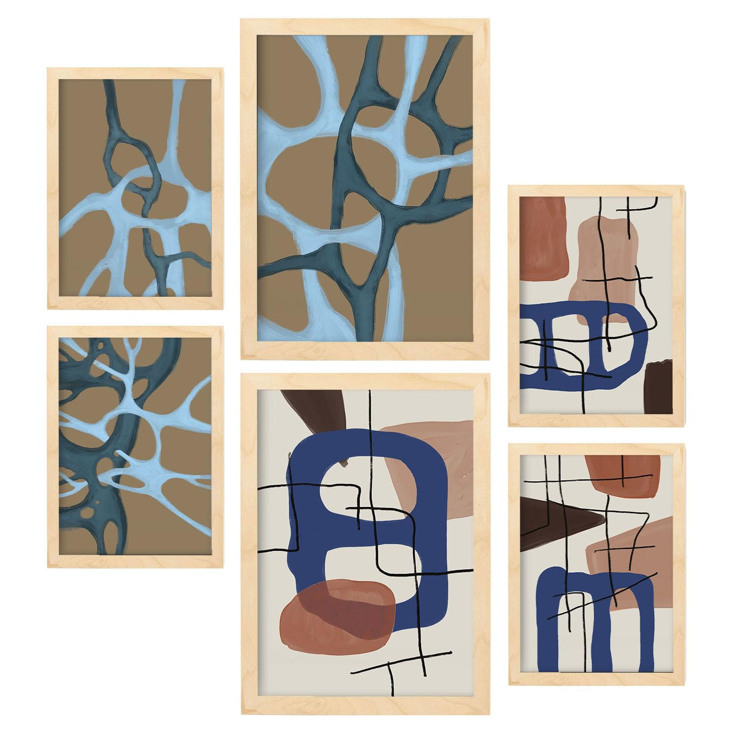 POSTER Set Mit 6 Mollify Striche A3 & A4 Rahmen Aus Hellem Holz - Beige, Papier (29/3cm) - Nacnic