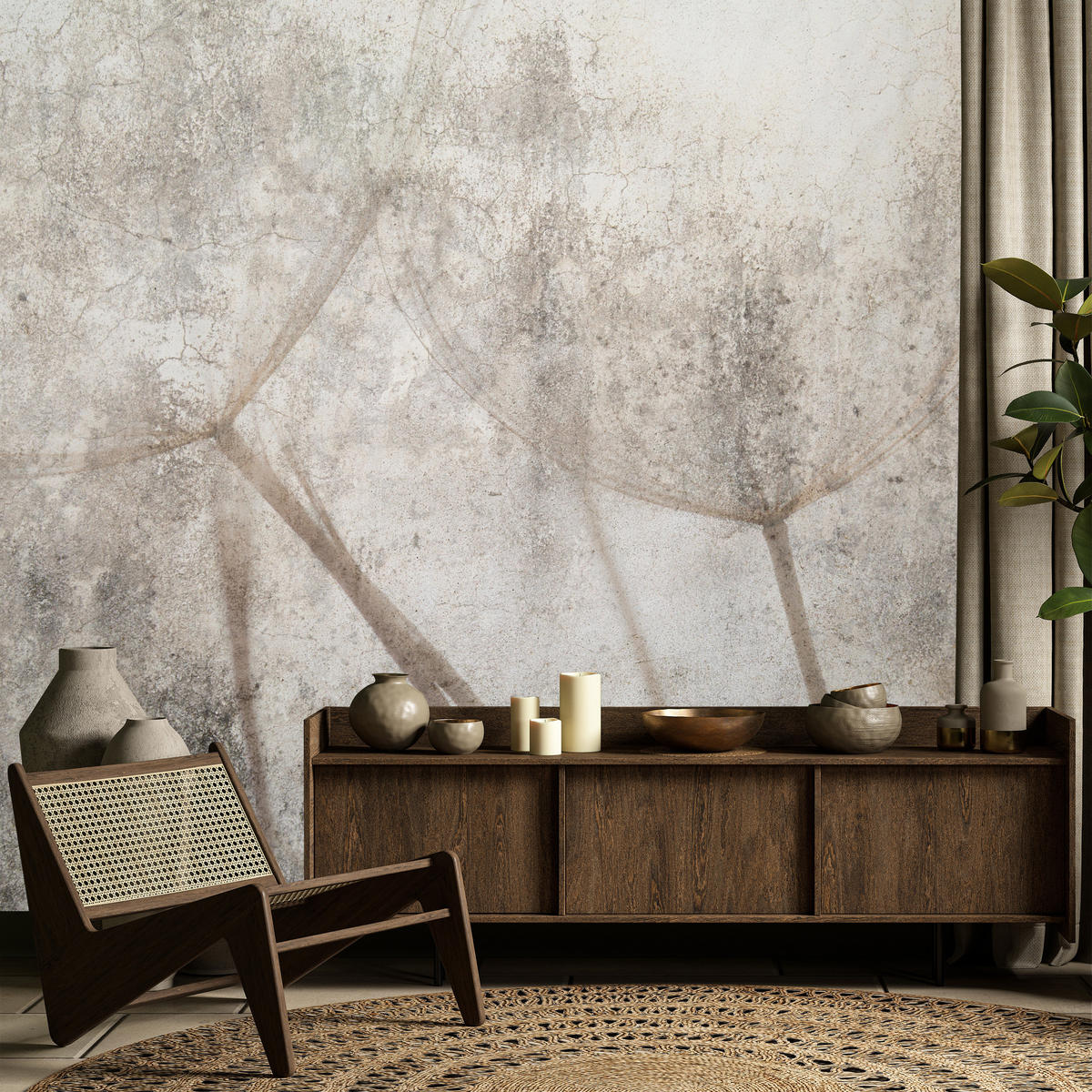 FOTOTAPETE für Wohnzimmer Zarter Skizze Löwenzahn Grauer Beton Minimalistisch 500x350 - Beige/Braun, Papier (500/350cm) - Muralo