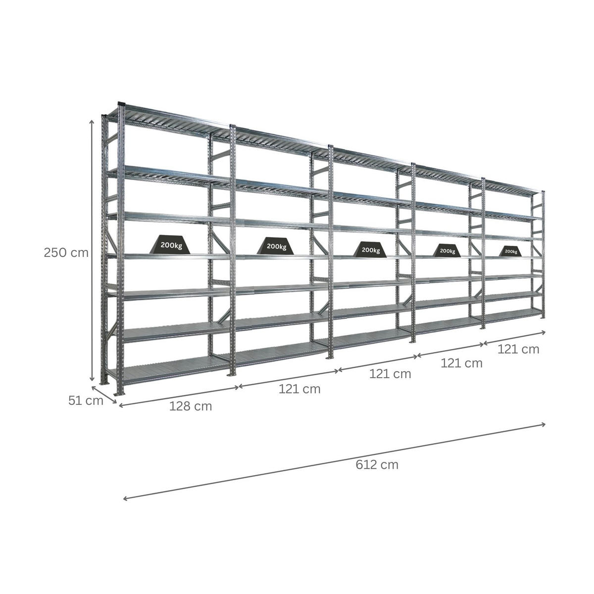 FACHBODENREGAL Proximo Stecksystem 250x600x50cm 7 Ebenen Beidseitig nutzbar Verzinkt - Silberfarben, Metall (600/250/50cm) - PROREGAL