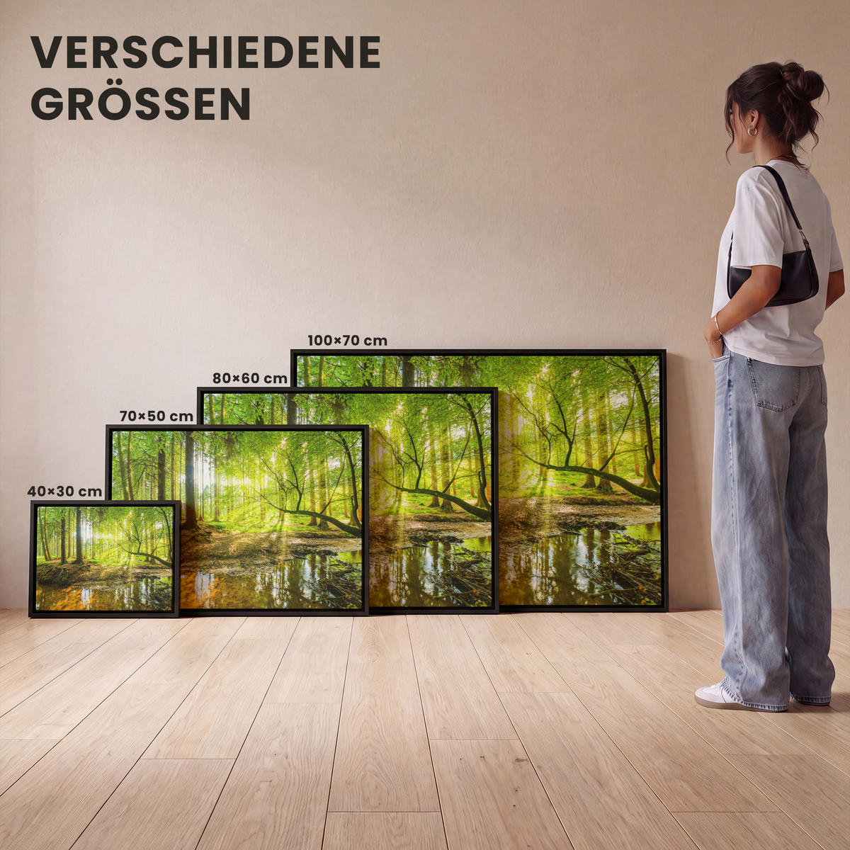 LEINWAND Bilder mit Rahmen - Wald - Landschaft - Wasser - Bäume - Sonne - Grün - Natur - 100x70 - Grün, Textil (100/70cm) - MuchoWow