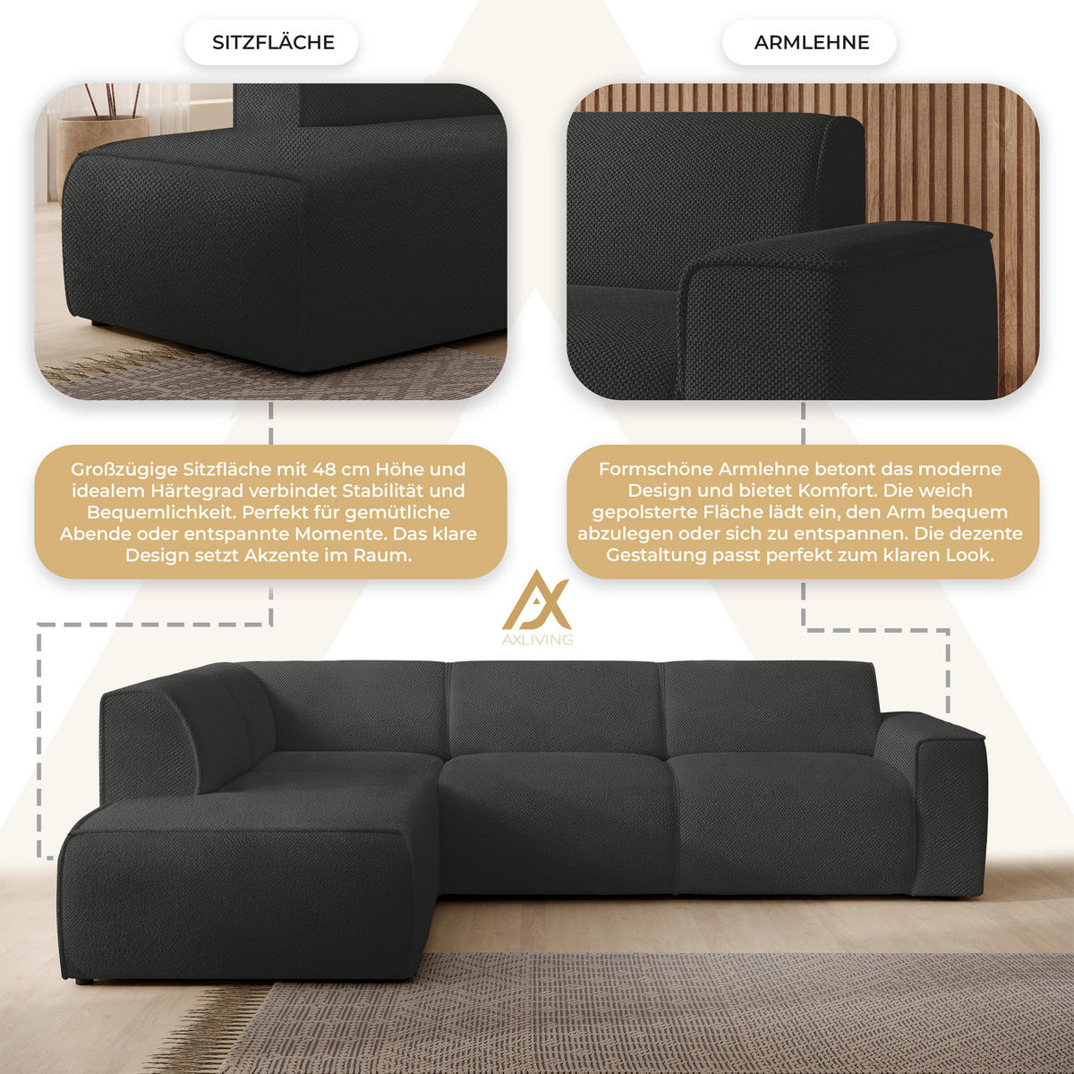 ECKSOFA L Form Didim Grau 292/220/78 cm – großes Sofa stilvoll & bequem L - Schwarz/Grau, Kunststoff/Textil (220/292cm) - AX Living