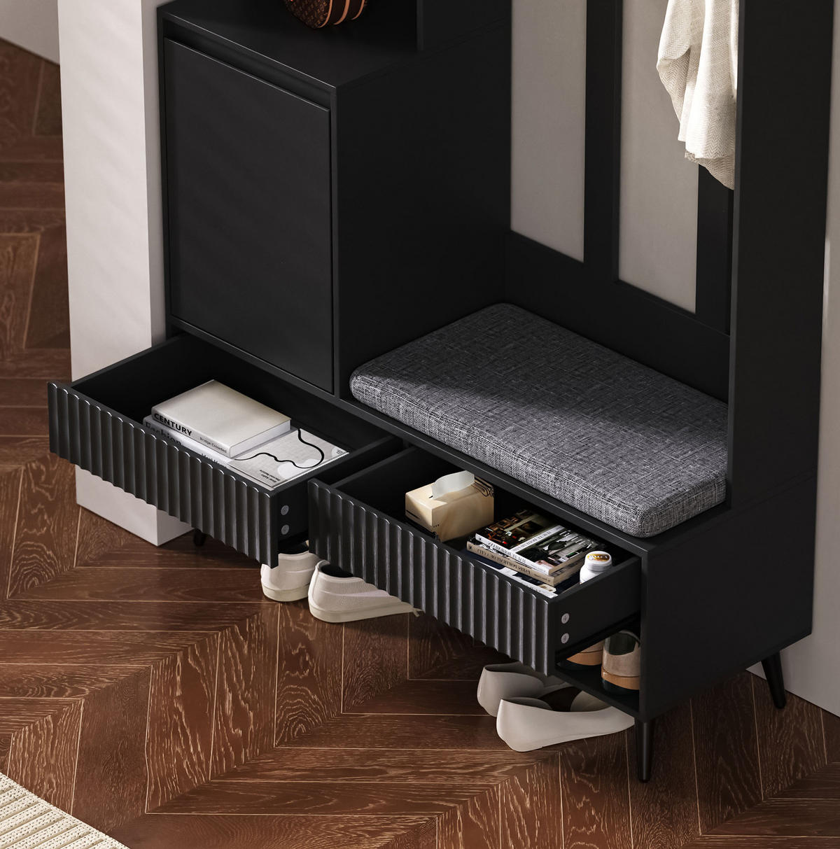 FLURGARDEROBE mit Sitzbank, 4 Haken und Schuhablage in Schwarz 100/35/180 cm - Schwarz, Holzwerkstoff (100/180/35cm) - BEAOK