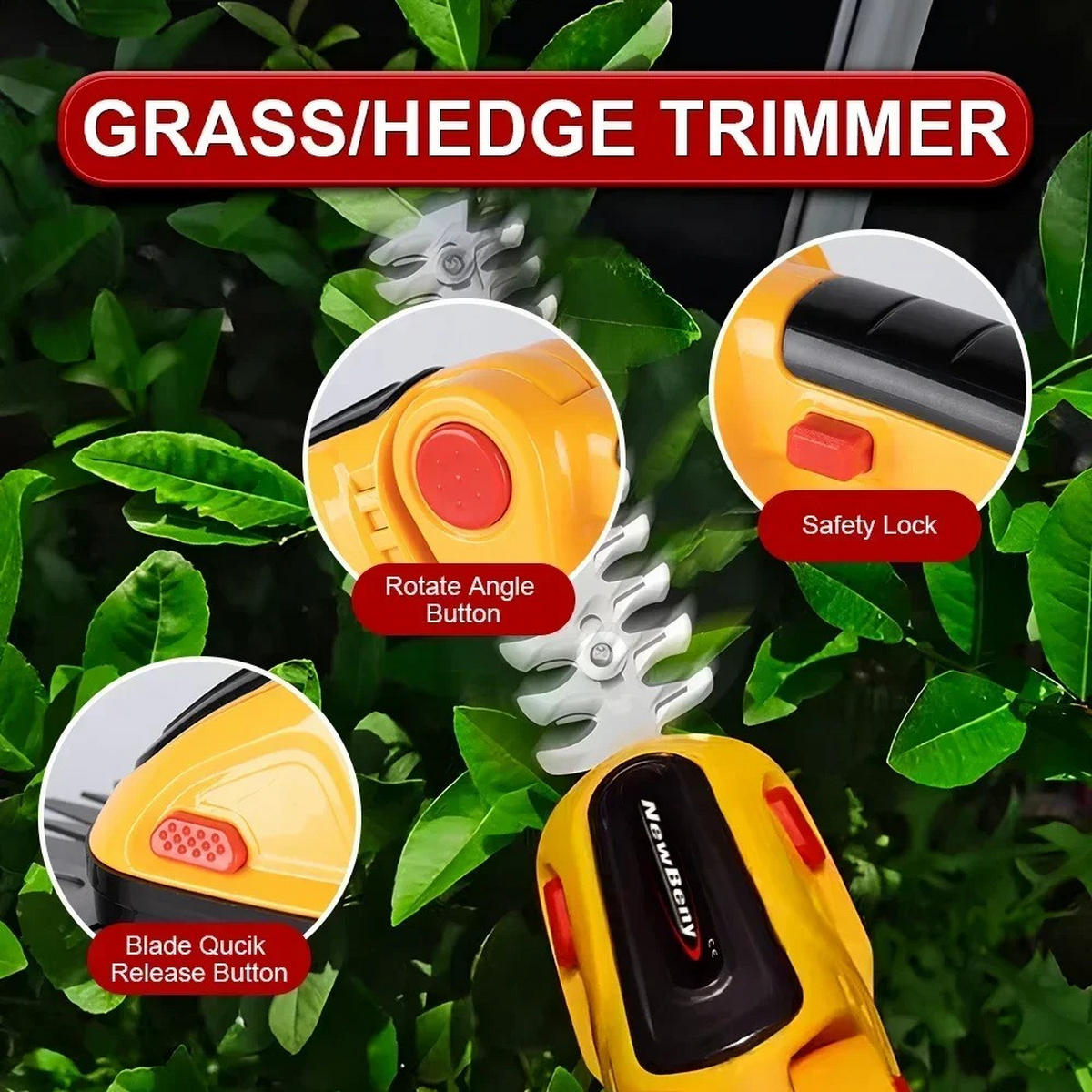HECKENSCHERE 2-in-1 kabellos, tragbar, Elektrisch, Gelb, Ohne Akku - Gelb, Kunststoff (28.5/7cm) - Coonoor