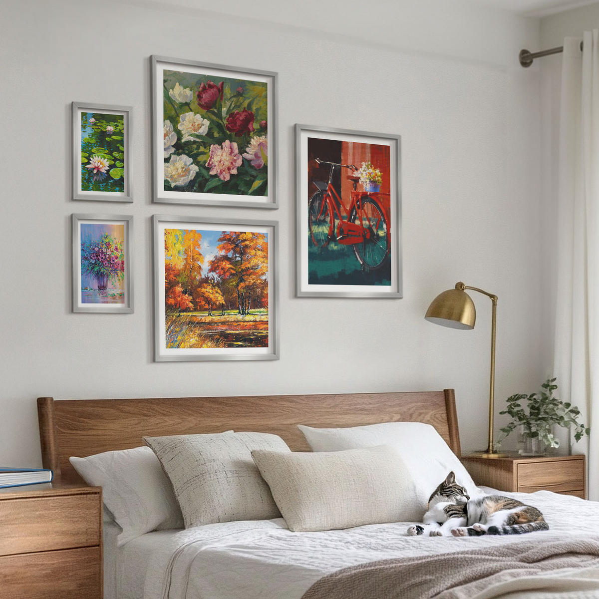 BILDER SET 5er Set - 50x50 cm & 20x30 cm & 40x60 cm Silberner Rahmen - Seerosen, Fahrradblumen - Silberfarben, Kunststoff (40/60cm) - TULUP