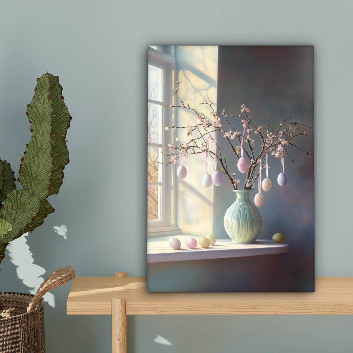 LEINWANDBILD Stillleben - Vase - Osterzweig Deko Wohnzimmer 20x30 cm - Hellblau, Textil (20/30cm) - MuchoWow