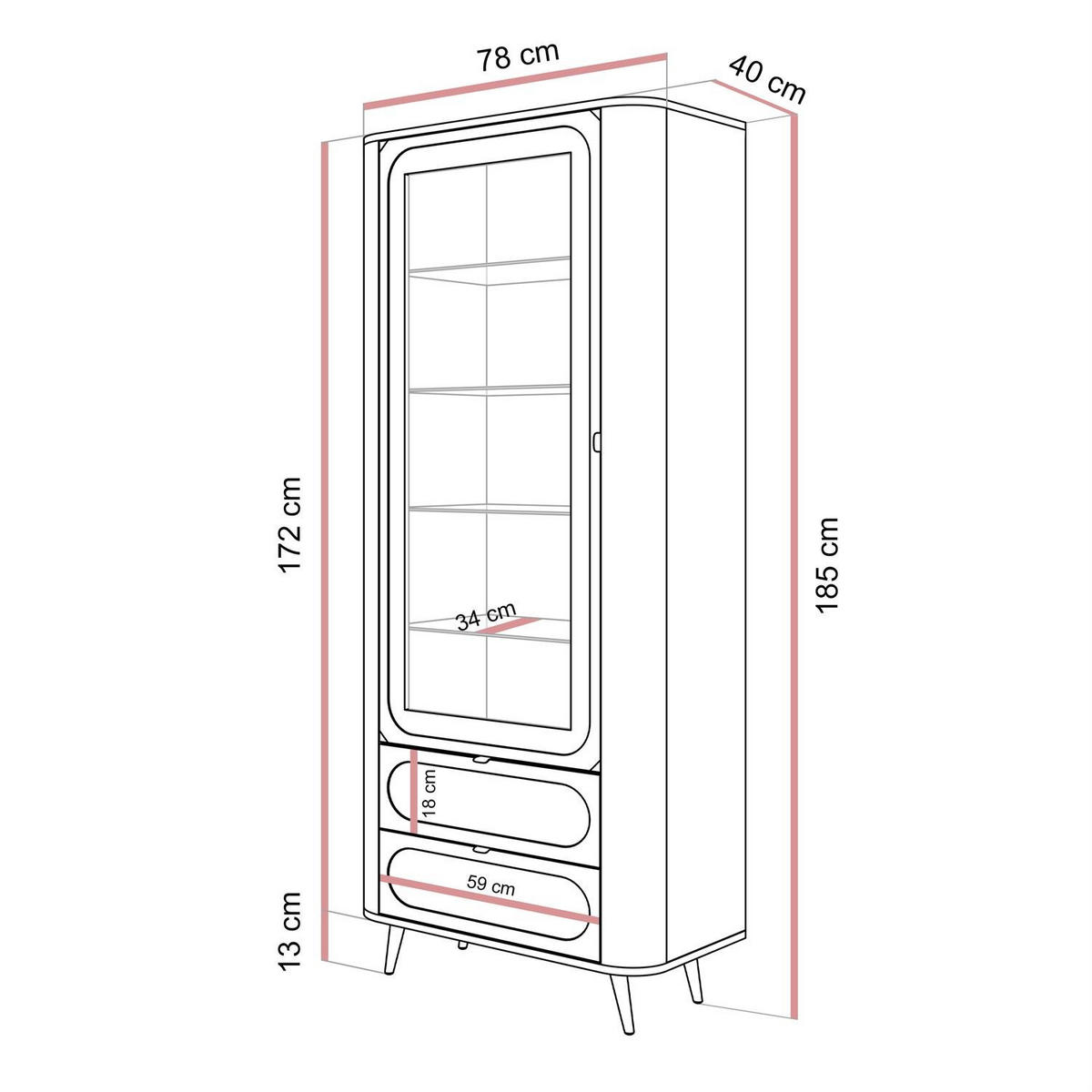 VITRINE SHADOW II verglast mit Regalböden - Schwarz, Holzwerkstoff (78/185/40cm) - Lookway