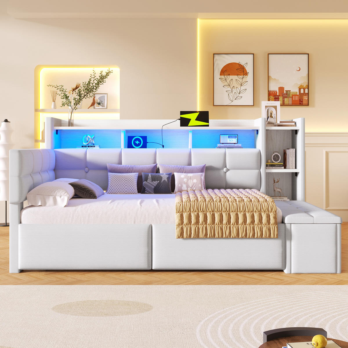 TAGEBETT 90x190cm Weiß Samt 2 Schubladen USB LED-Licht - Weiß, Holz (90/190cm) - FLIEKS