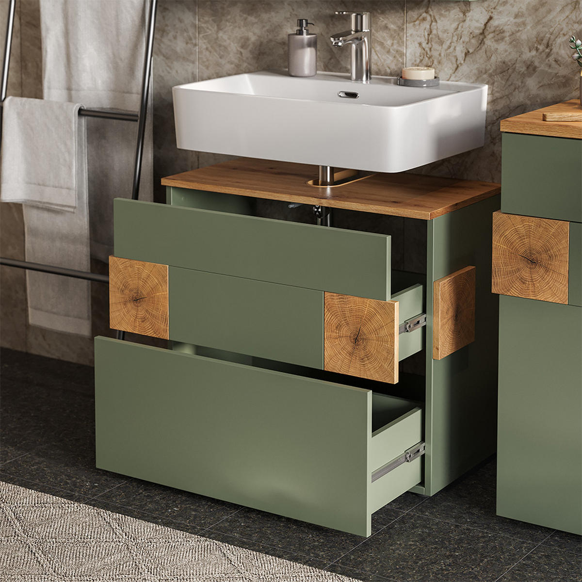 WASCHBECKENUNTERSCHRANK Eden Grün/Artisan 70 x 64.5 cm mit 2 Schubladen - Hellgrau/Grün, Holzwerkstoff (70/64.5/37cm) - Vicco