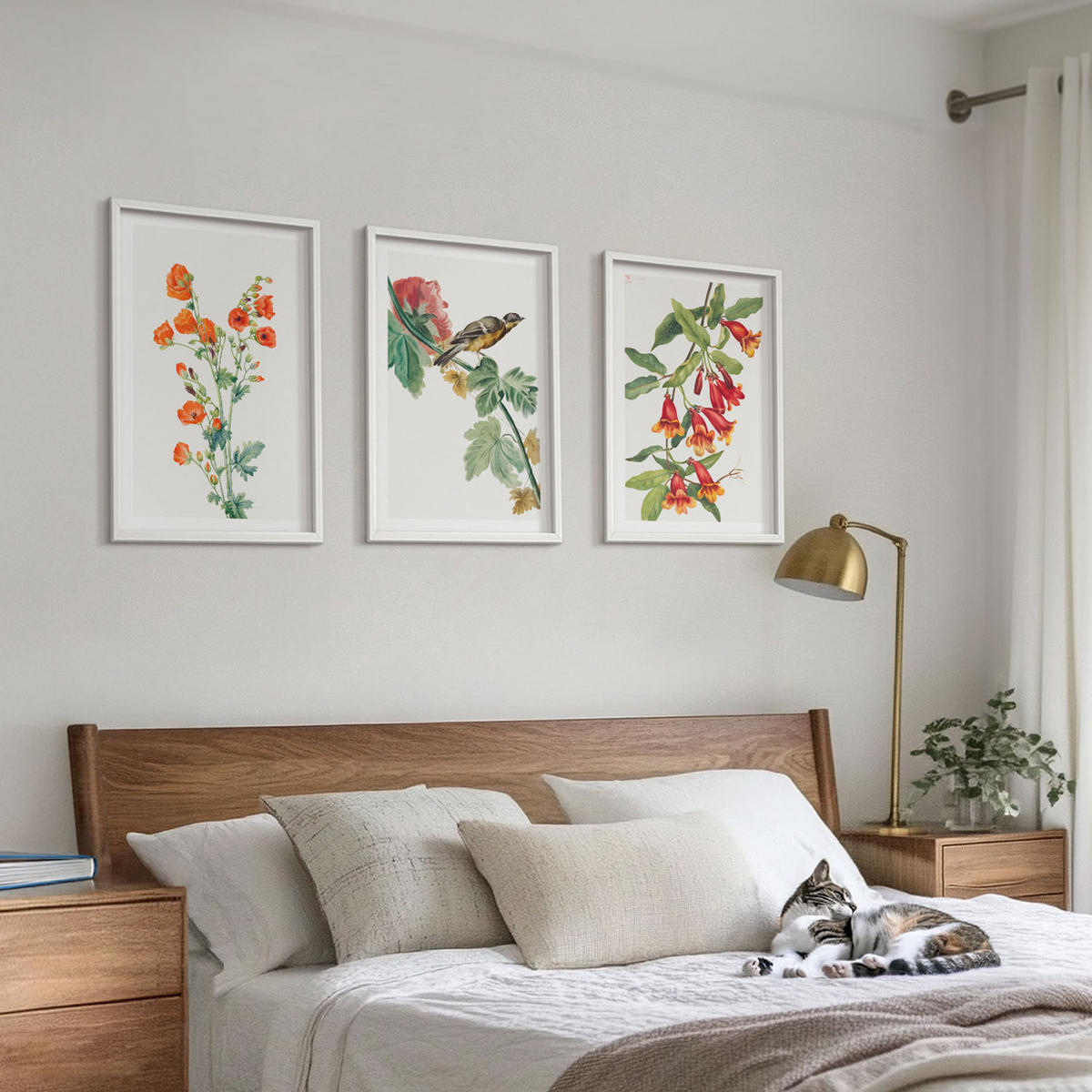 WANDBILDER 3er-Set - 40x60 cm Weißer Rahmen - Gemalte Blumen und ein Vogel - Weiß, Kunststoff (40/60cm) - ArtPrintCave