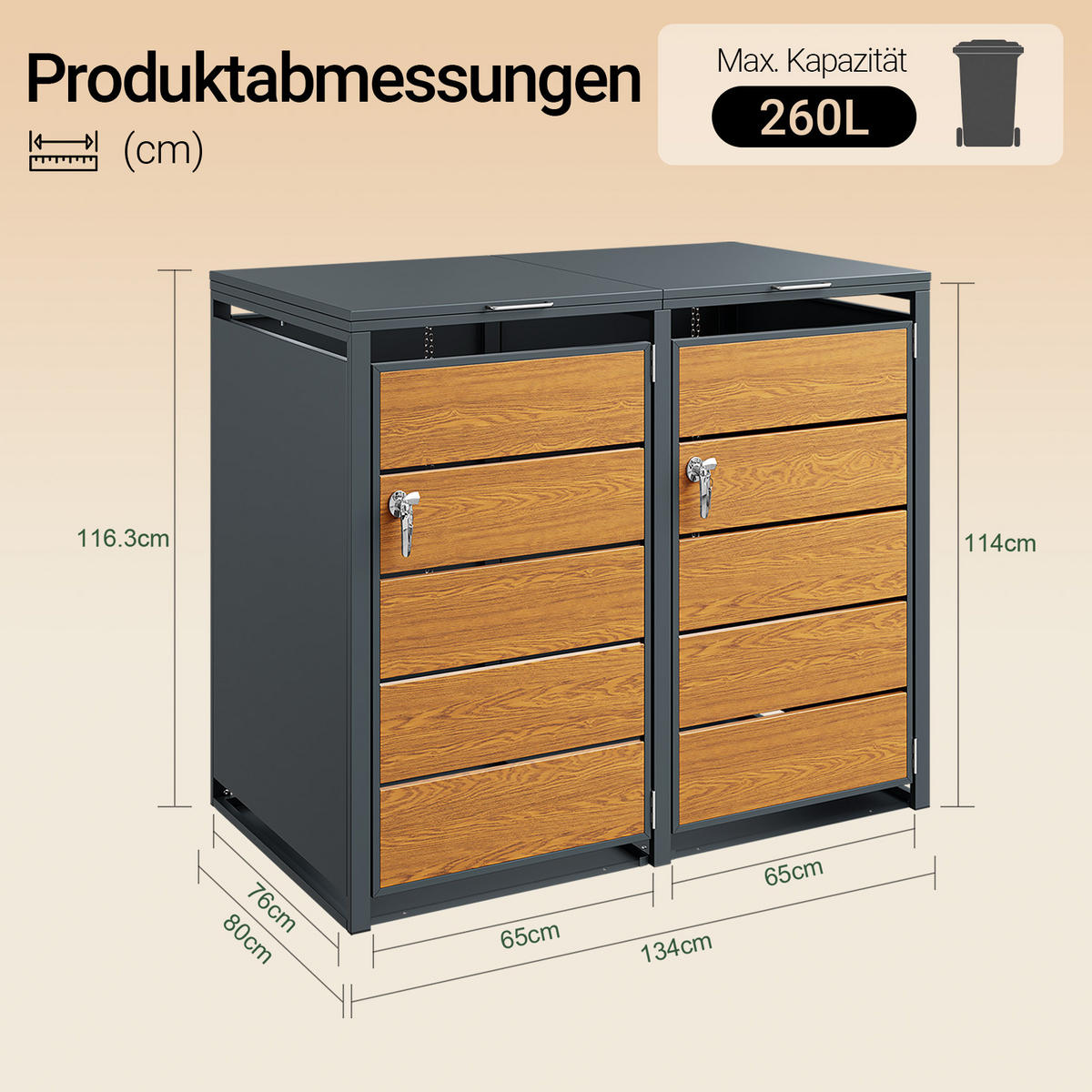 DUBBELSKÅP för sopkärl med låsbara dörrar OGS64-N - Naturfärgad, Metall (134/116/80cm) - SoBuy