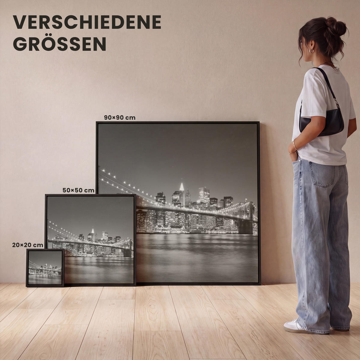 LEINWAND Bilder mit Rahmen - New York - Brücke - Brooklyn - Schwarz und weiß - Architektur - 50x50 - Schwarz, Textil (50/50cm) - MuchoWow