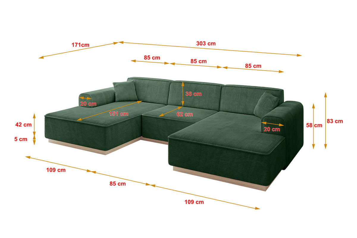 WOHNLANDSCHAFT IREA-U1 - 303x171x83 cm Grün - Currygelb, Holzwerkstoff/Textil (303/83/171cm) - ALTDECOR