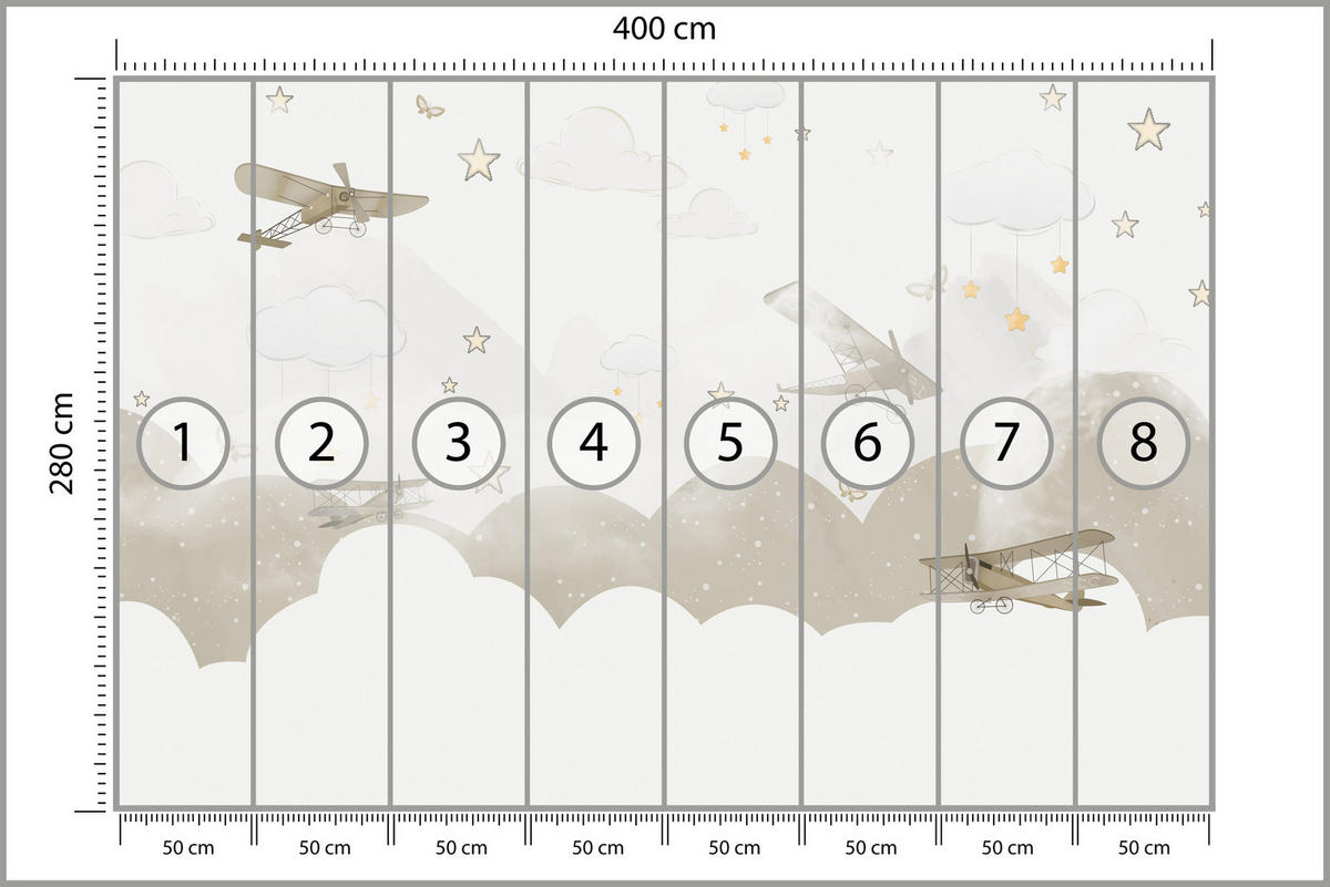 FOTOTAPETE für Kinderzimmer Flugzeuge Wolken Sterne Himmel 400x280 - Gelb/Beige, Papier (400/280cm) - Muralo