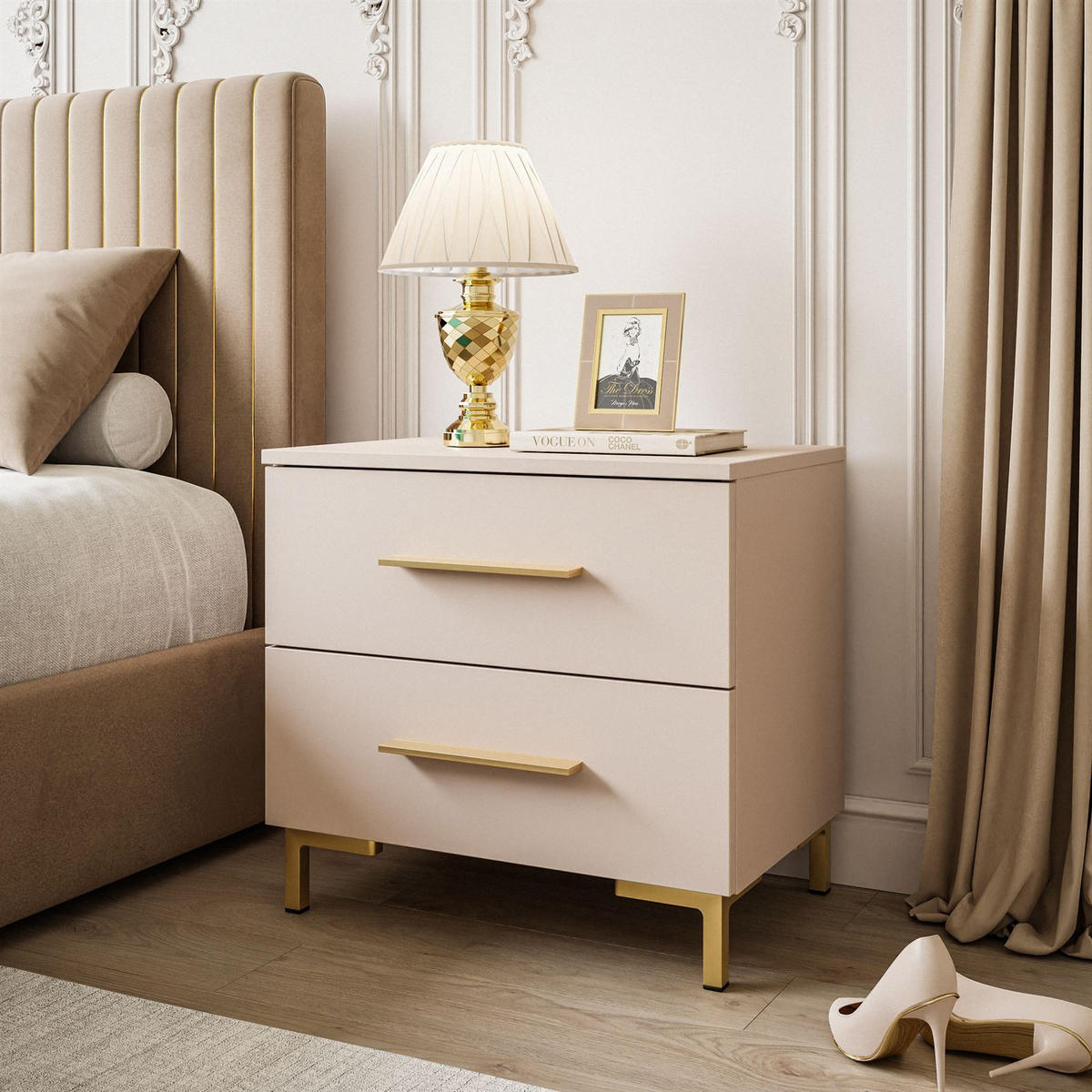 NACHTTISCH LINA KASCHMIR mit LED-Beleuchtung, goldenen Beinen und Griffen - Kaschmir, Holzwerkstoff (55/52/37cm) - Lookway