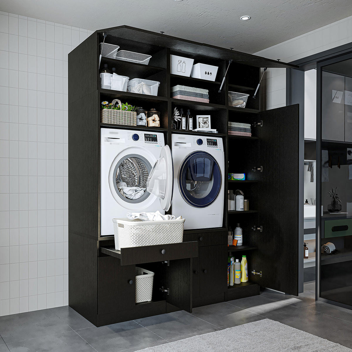 WASCHMASCHINENSCHRANK Serie 1 179cm Breit, 230cm Hoch - Schwarz, Holzwerkstoff (179/230/67cm)