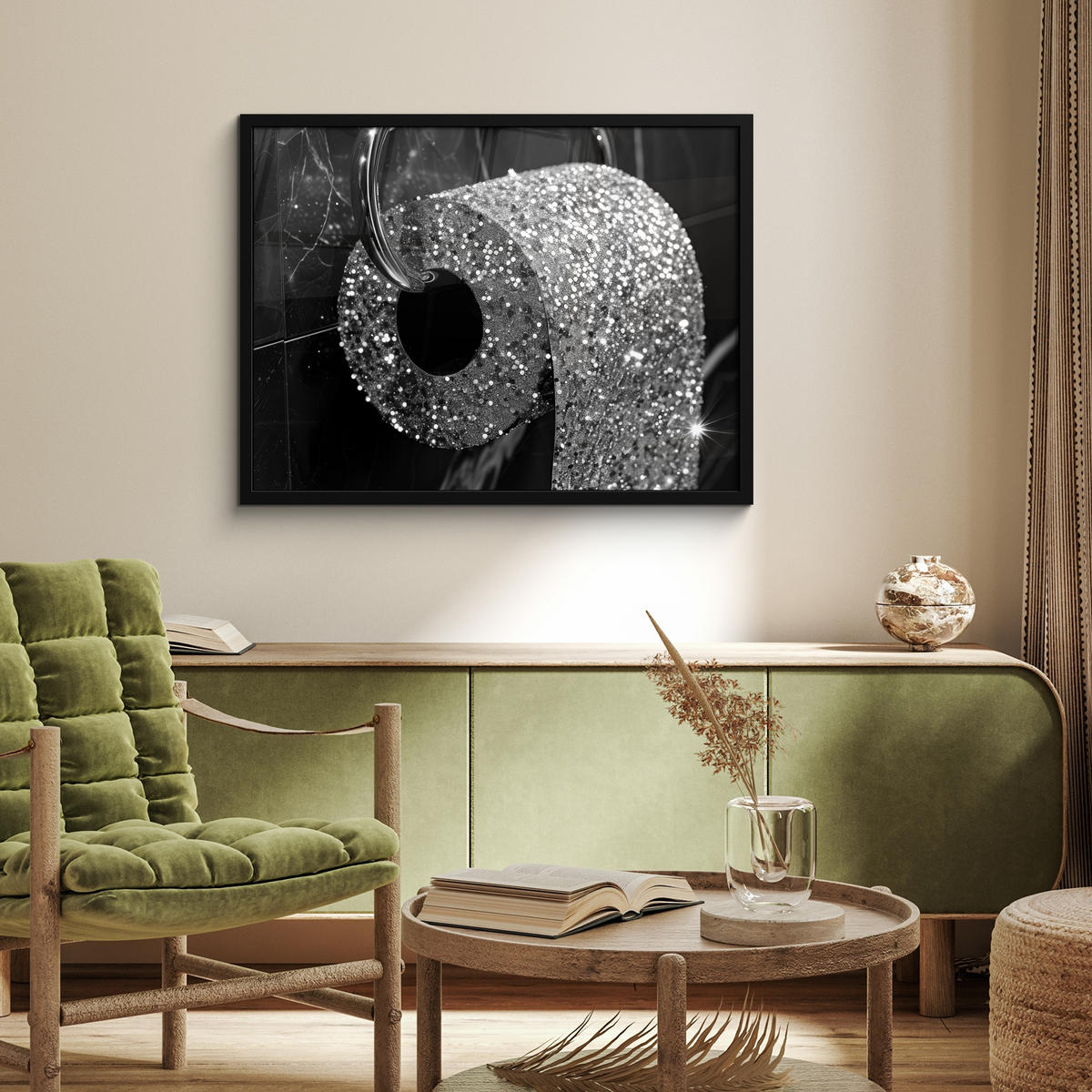 ZARÁMOVANÝ PLAGÁT WC - toaletný papier - čiernobiely - trblietky 80x60 cm - strieborná, papier (80/60cm) - MuchoWow