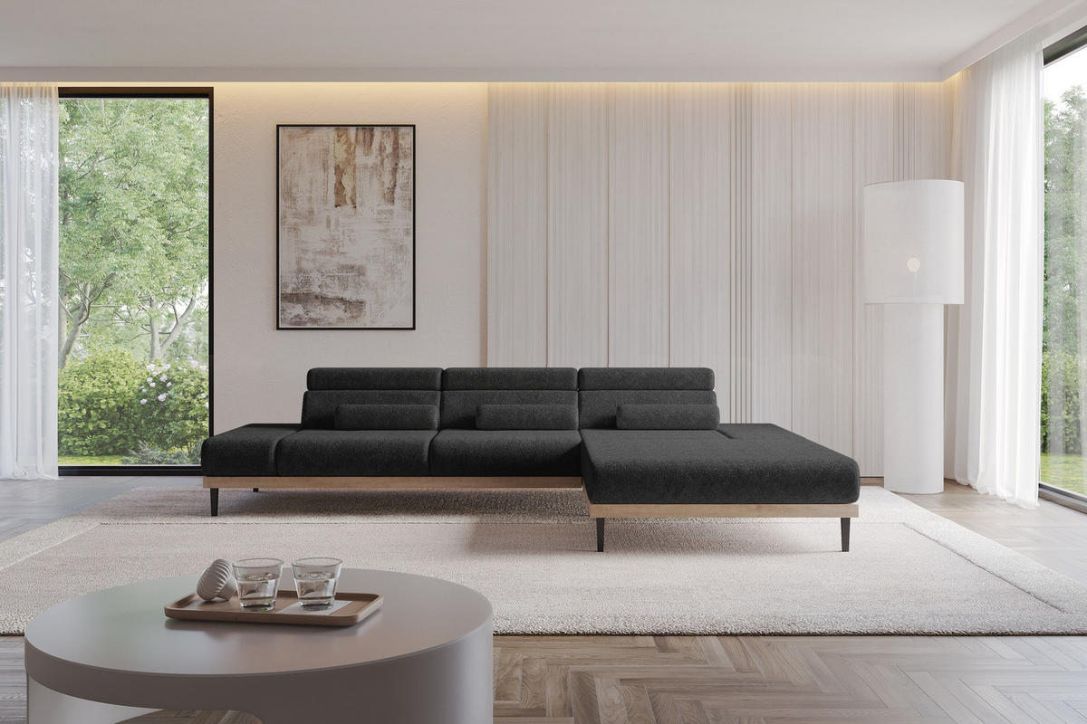 ELEKTRISCHES ECKSOFA Rechts MONA 316x205x85 Schwarz Velours - Schwarz, Holzwerkstoff/Textil (316/205cm) - ALTDECOR