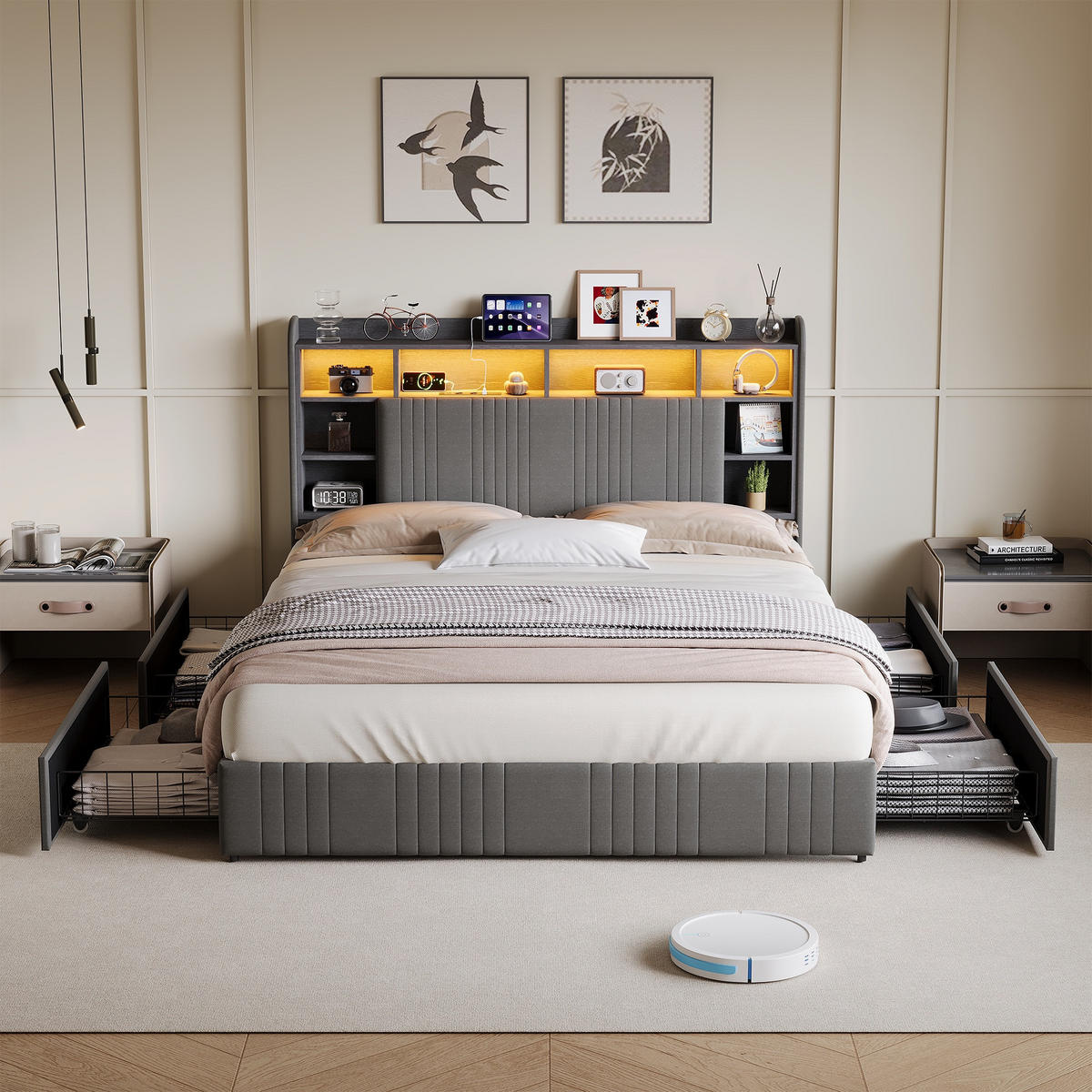 POLSTERBETT mit Stauraum 140x200 cm, Leinenbett für Erwachsene mit 4 Schubladen und Lattenrost, Regal-Kopfteil, LED und USB - Grey - Grau, Holzwerkstoff (140/200cm) - Brevoria