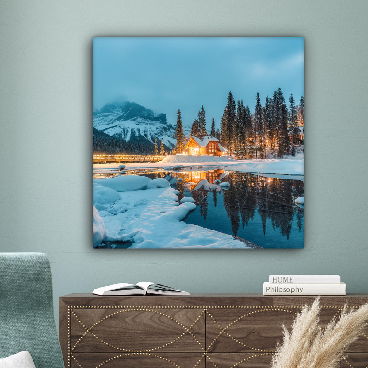 LEINWANDBILD Winterlandschaft - Natur - Haus - Berge - Schnee Deko Groß 90x90 cm - Hellblau, Textil (90/90cm) - MuchoWow