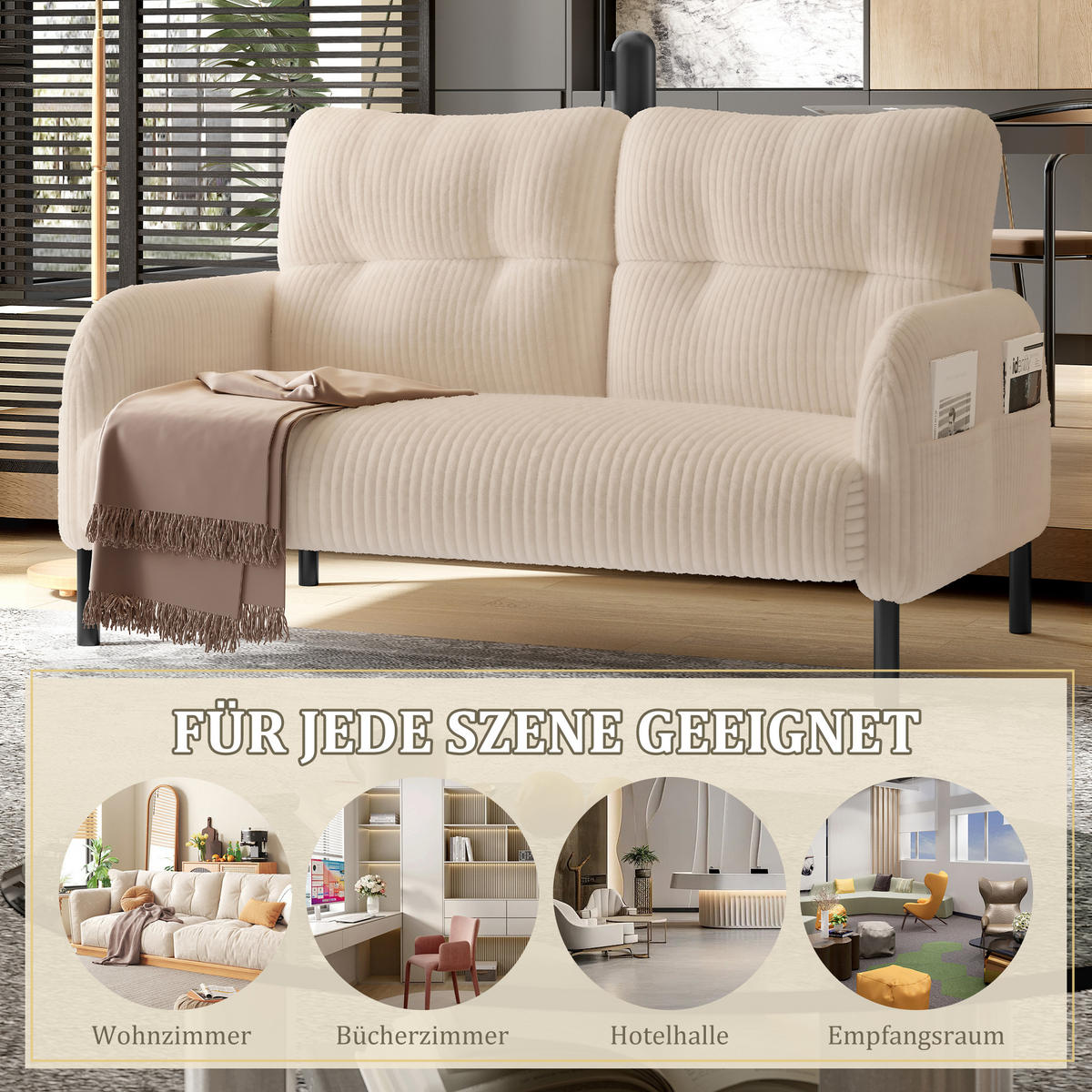 2-SITZER SOFA Cord Beige mit Seitentasche - Beige, Textil/Metall (120/79/75cm) - WISHDOR