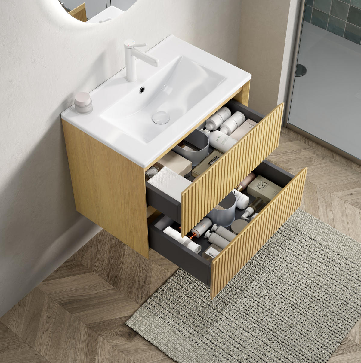 WASCHTISCHKOMBI 61 cm in Eiche mit Keramikbecken und Soft-Close-Schubladen - Eichefarben, Keramik (61/51.5/39cm) - BEAOK