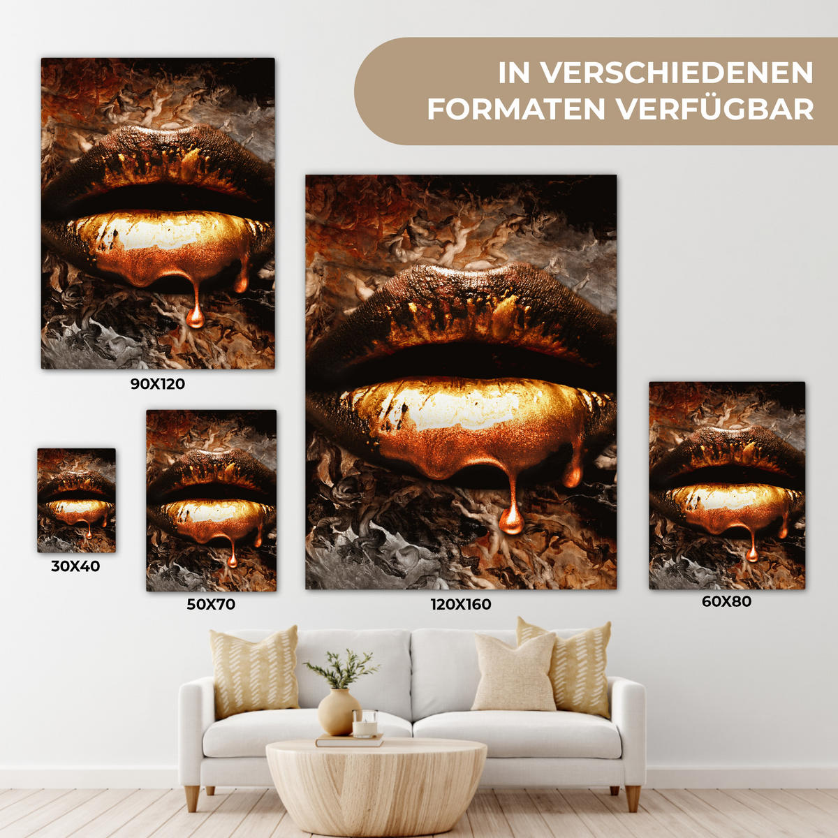 LEINWANDBILD Gold - Lippen - Kunst - Gold - Luxus - Abstrakt 60x80 cm - Kupferfarben, Textil (60/80cm) - MuchoWow