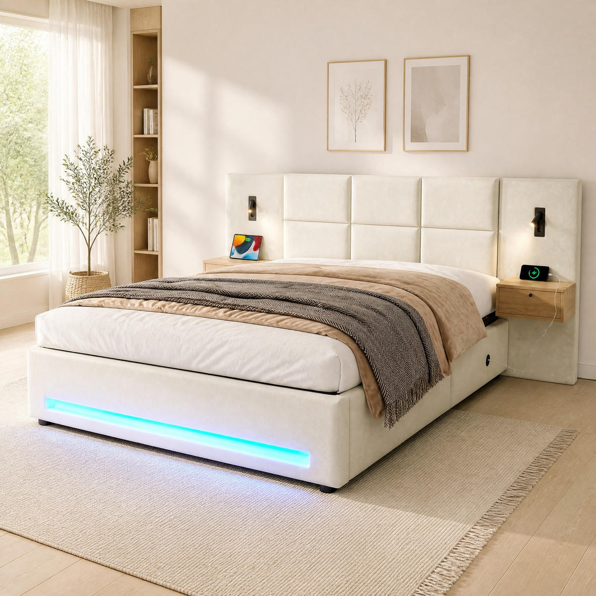 POLSTERBETT 180/200 mit Bettkasten, LED, USB-C und Kopfteil-Schubladen - Beige, Holzwerkstoff/Textil (180/200cm) - EVRYAE