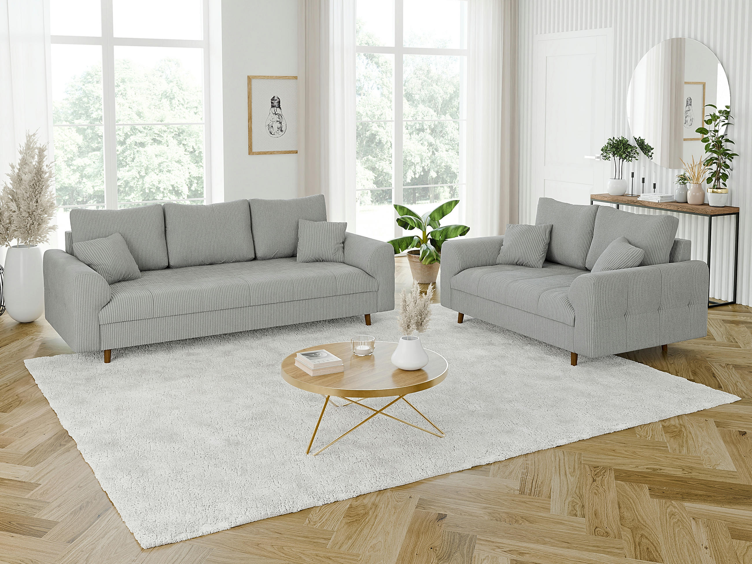 SITZGARNITUR 3+2 Alma Hellgrau Cord - Hellgrau/Braun, Holz/Textil (210/81/93cm) - S-Style Möbel