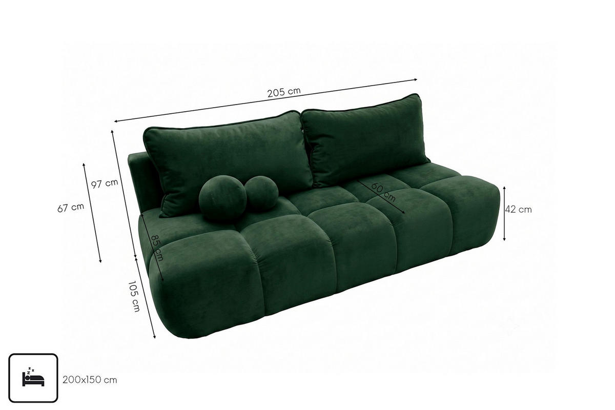 POHOVKA S funkcí spaní A úložným prostorem, sametová látka Bluvel, Zelená, COCO - zelená barva, dřevo (205/97/105cm) - Kaiser Möbel