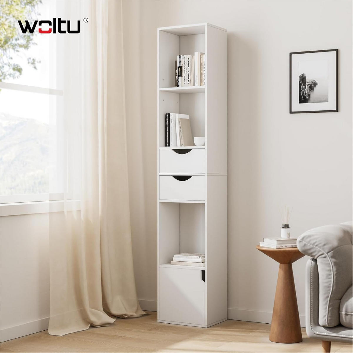 BÜCHERREGAL mit Schubladen Tür Weiß - Weiß, Holzwerkstoff (30/158/24cm) - Woltu