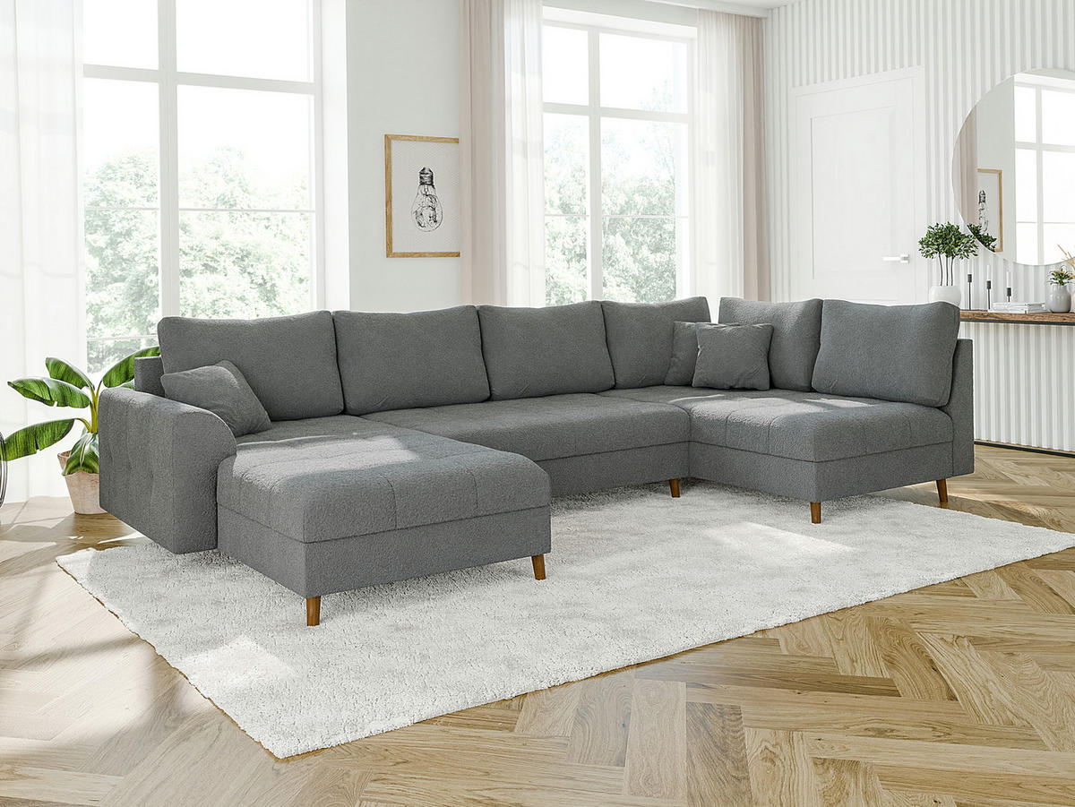 WOHNLANDSCHAFT inkl. Hocker Henrik Grau Boucle - Braun/Grau, Holz/Textil (310/81/161cm) - S-Style Möbel