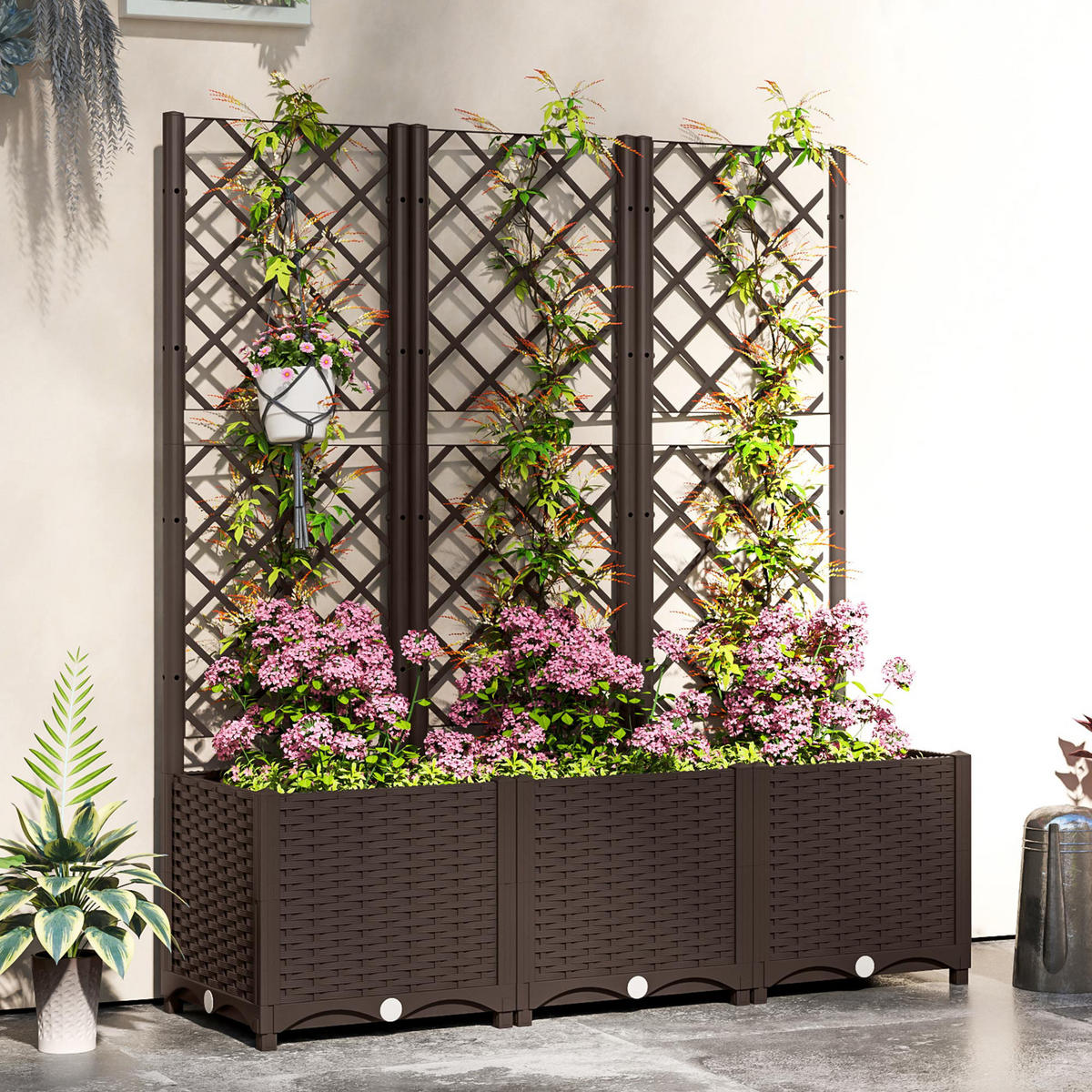 HOCHBEET DE-12208 mit Rankgitter 120/40/135 cm mit 8 Drainagelöchern Braun - Braun, Kunststoff (120/135/40cm) - ComfortXL