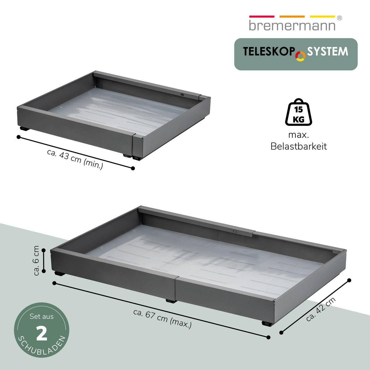 TELESKOPSCHUBLADEN (2er Set), ausziehbar, Metall, grau - Grau, Metall (67/6/42cm) - bremermann