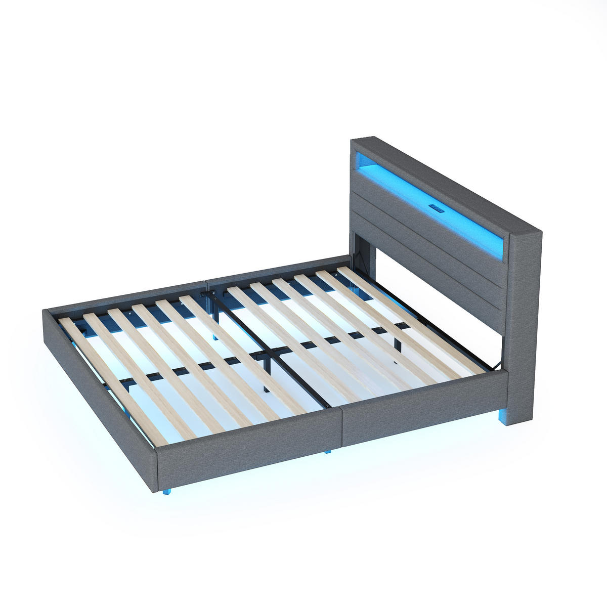 POLSTERBETT 160/200 cm grau mit USB-Steckdose und LED-Beleuchtung - Grau, Textil (160/200cm) - OKWISH