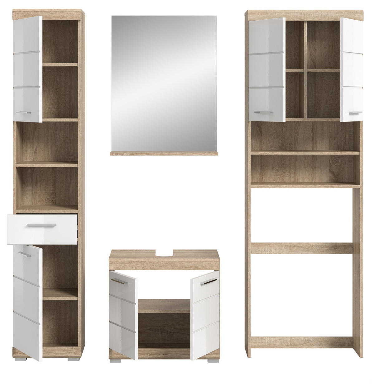 BADMÖBEL-SET weiß Hochglanz, Eiche 4-teilig 190 cm, Komplettset mit viel Stauraum - Weiß Hochglanz/Eichefarben, Glas/Holzwerkstoff (190/191/34cm) - Inn.Furn