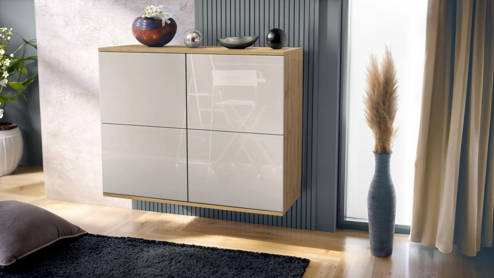 KOMMODE Rova Sandgrau Hochglanz - Sandfarben, Holzwerkstoff (92.5/73.5/35cm) - Vladon