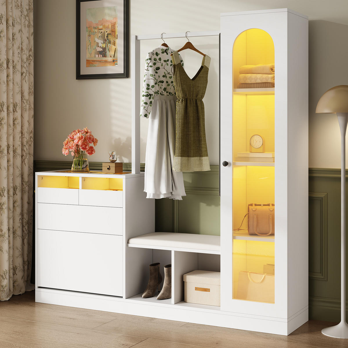 GARDEROBEN-SET in Weiß mit LED-Licht und Schuhbank für Eingangsbereich und Flur, B163/T35/H161 cm - Weiß, Glas/Holzwerkstoff (163/161/34.5cm) - STILVORA