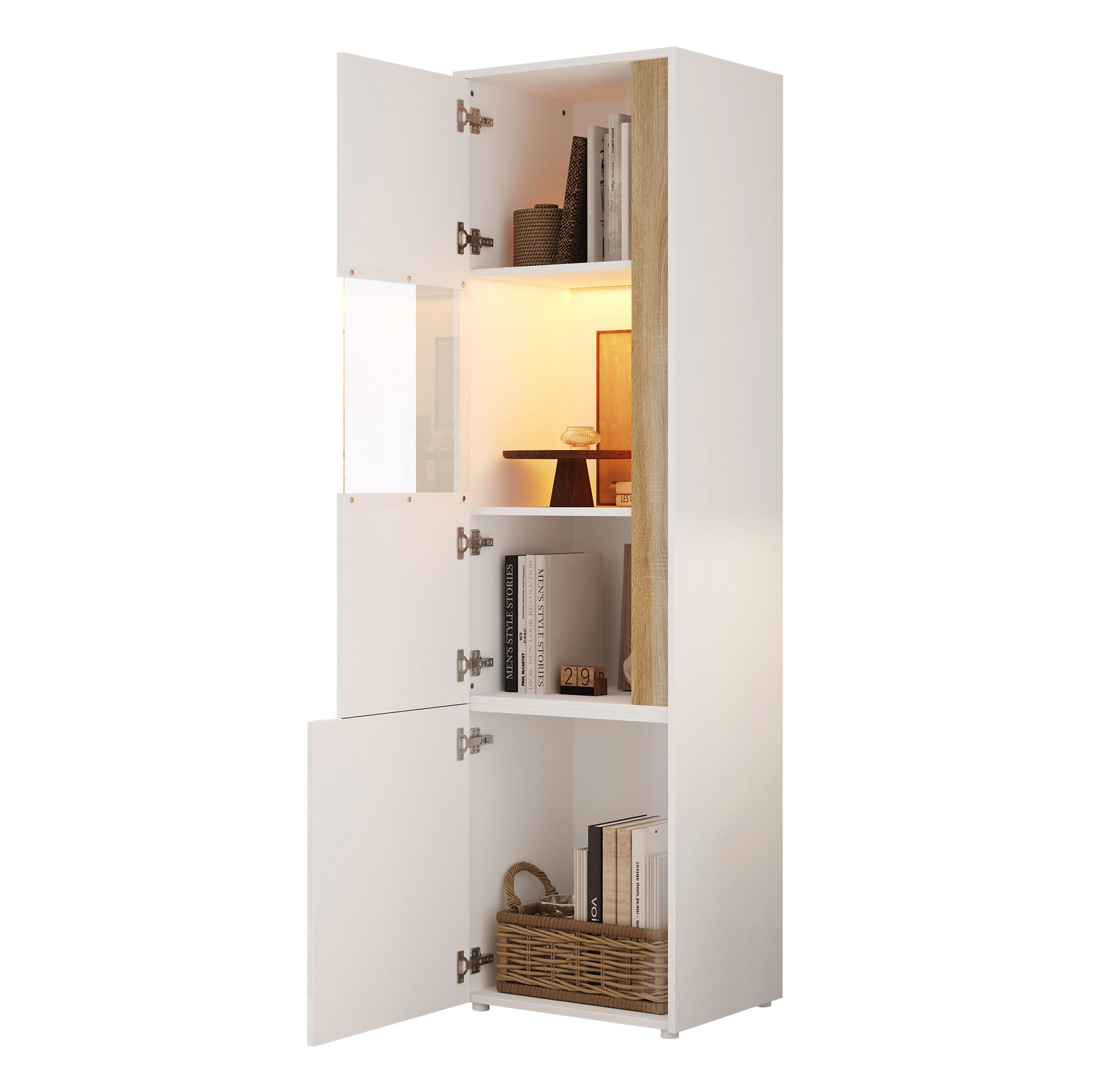 VITRINE 40/50/179 cm mit LED-Beleuchtung und Acryltür aus Spanplatte, Natur/Weiß - Naturfarben, Holzwerkstoff (50/179/40cm) - Redom
