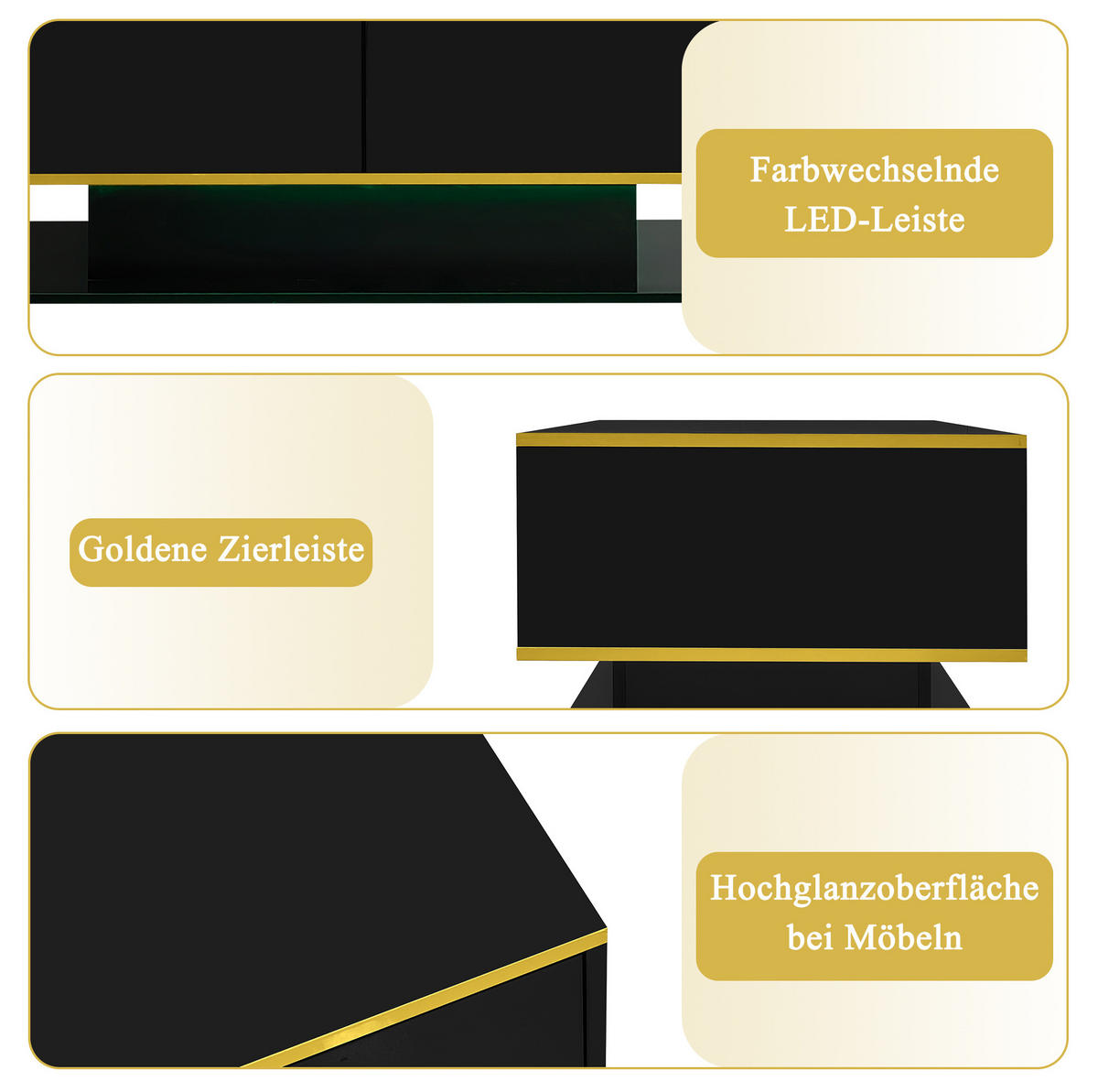 COUCHTISCH aus Spanplatte 100x50x40 cm in Schwarz mit LED-Beleuchtung - Schwarz, Holzwerkstoff (100/50/40cm) - Modfu