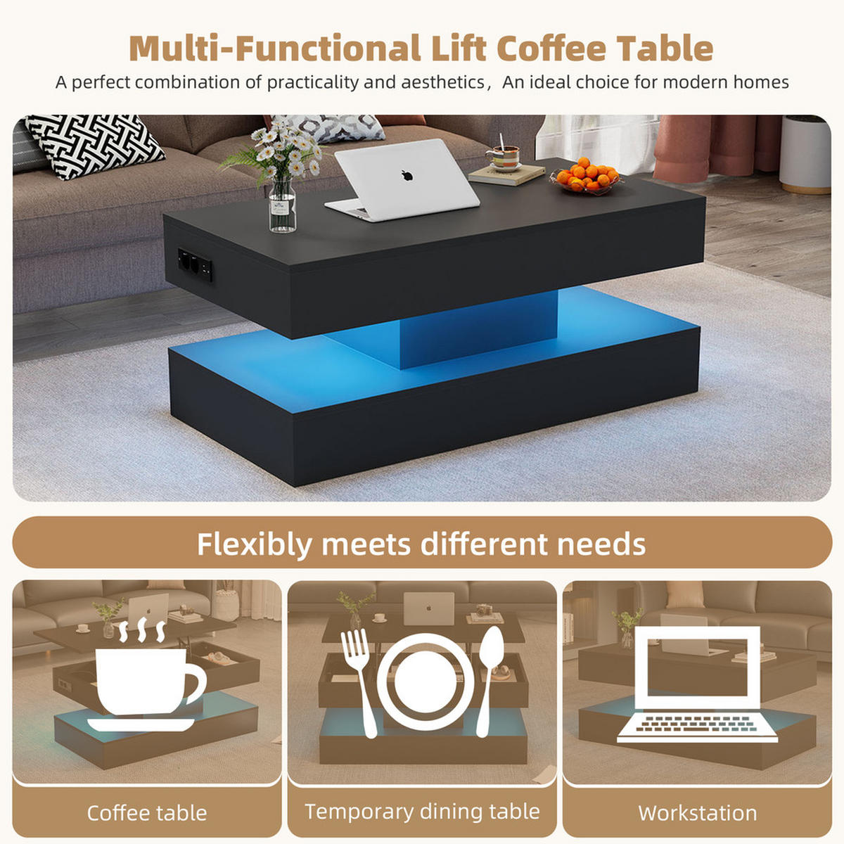 COUCHTISCH 100x50cm Schwarz LED Hydraulik Hub Versteckter Stauraum 50kg - Schwarz, Holz (110.5/63.5/14cm) - FLIEKS