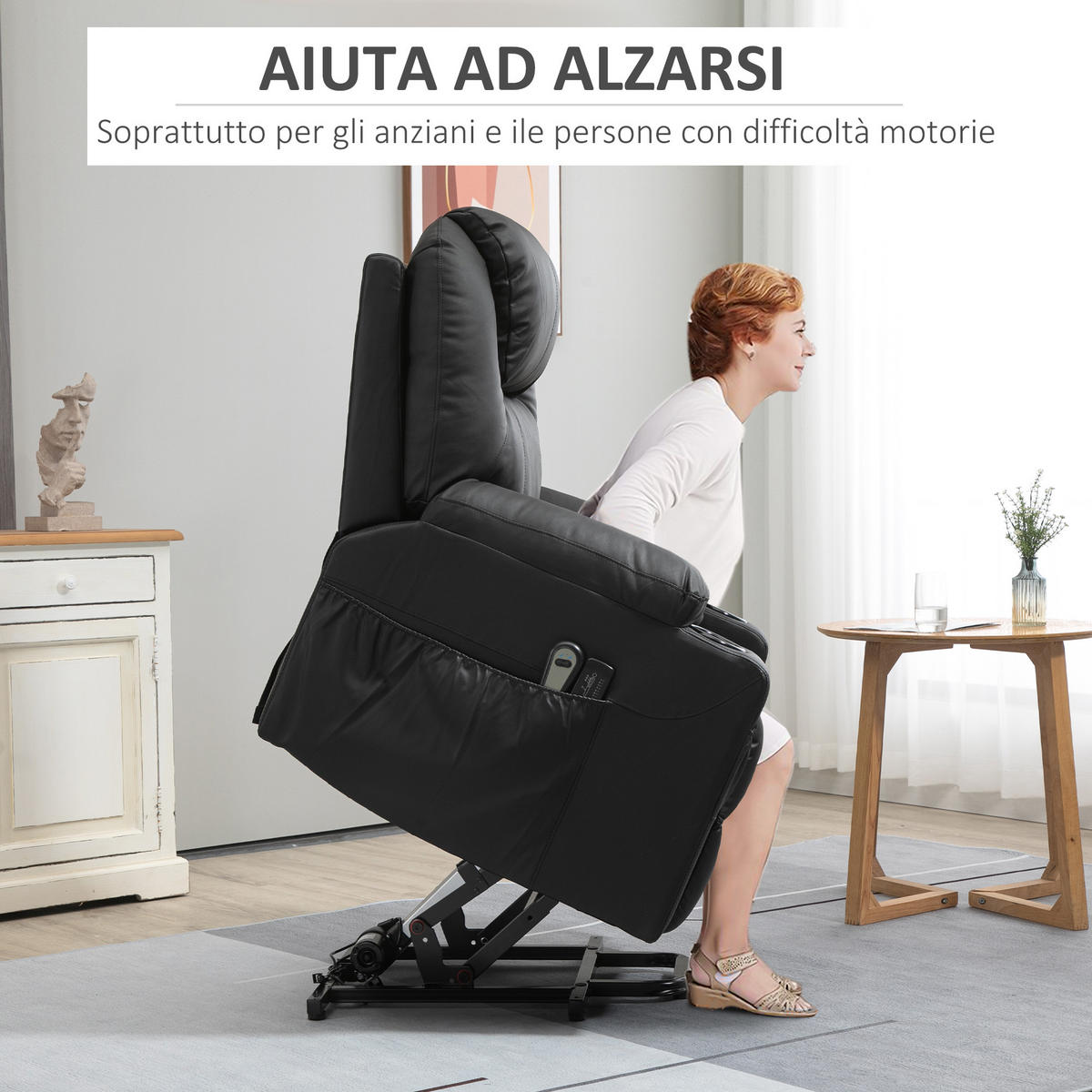 AUFSTEHSESSEL,135° verstellbar 8 Massagepunkte Fußstütze,schwarz - Schwarz, Leder (92/106/88cm) - Vallsero