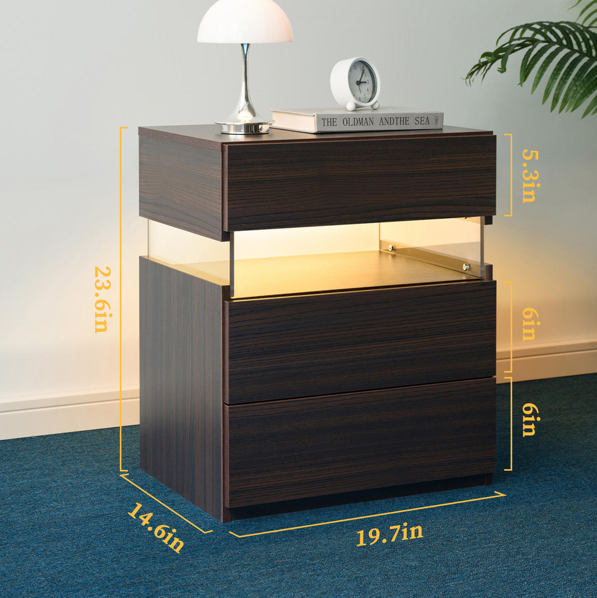 NACHTTISCH 38/48/61 cm mit 3 Schubladen, LED-Beleuchtung und Acrylfront, Walnuss - Walnussfarben, Holzwerkstoff (38/61/48cm) - Redom