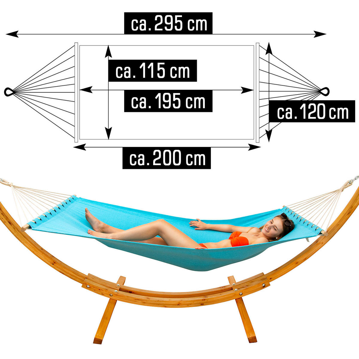 XXL-HÄNGEMATTE mit Holzgestell bis 150kg, 325/120cm, Blau - Blau, Holz (120/2.5/325cm) - Amanka