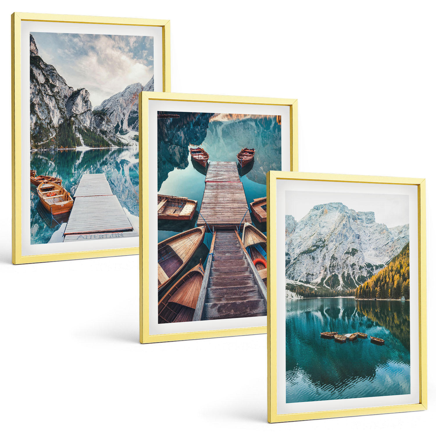 BILDER SET 3er Set - 40x60 cm Goldrahmen - See, Brücken, Berge - Goldfarben, Kunststoff (40/60cm) - TULUP
