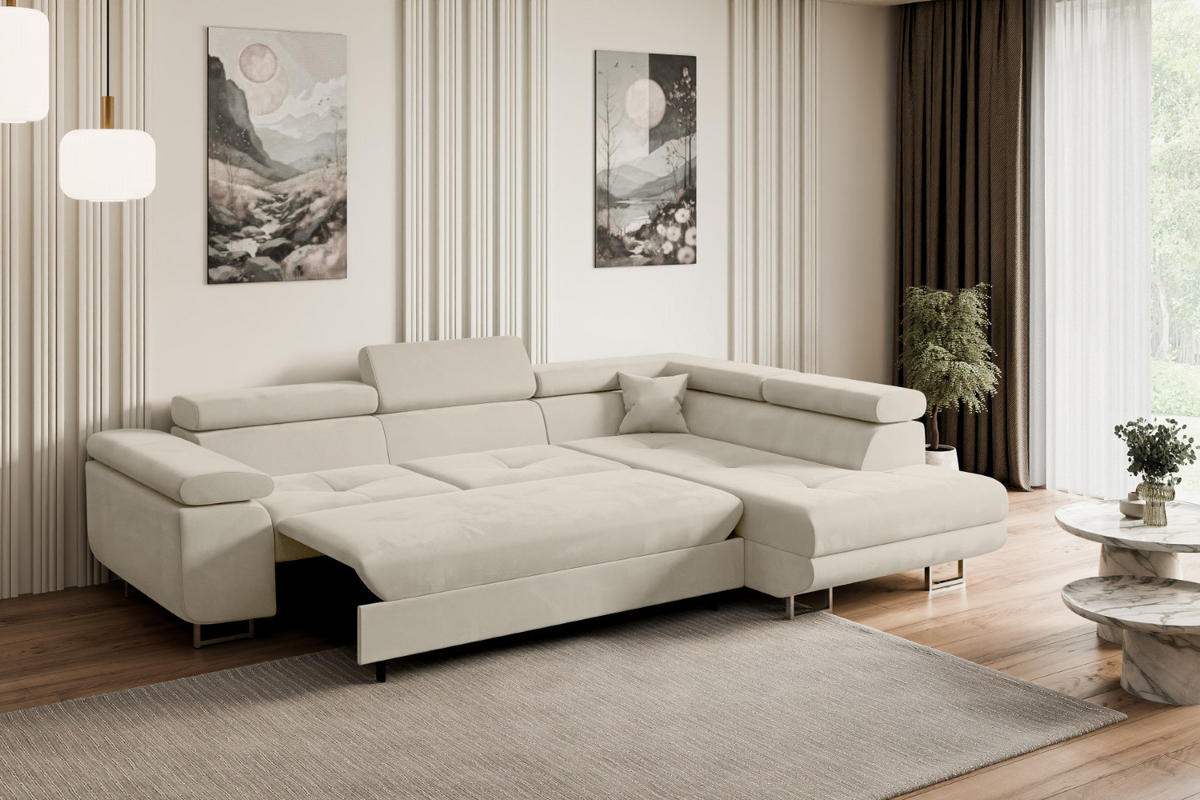 ECKSOFA mit Schlaffunktion und Bettkasten GUSA-L 272x202x107 cm Beige Velours - Beige/Silberfarben, Holzwerkstoff/Textil (272/202cm) - ALTDECOR