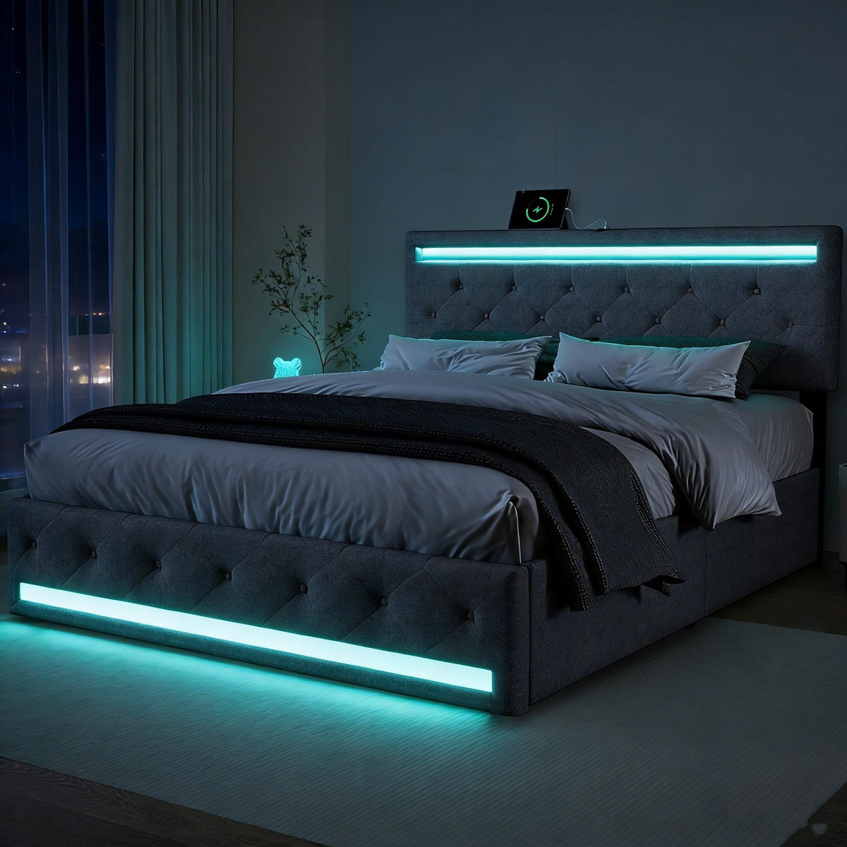 POLSTERBETT 180/200 cm grau mit Schubladen, LED und USB - Grau, Holz - SHOPENTRA