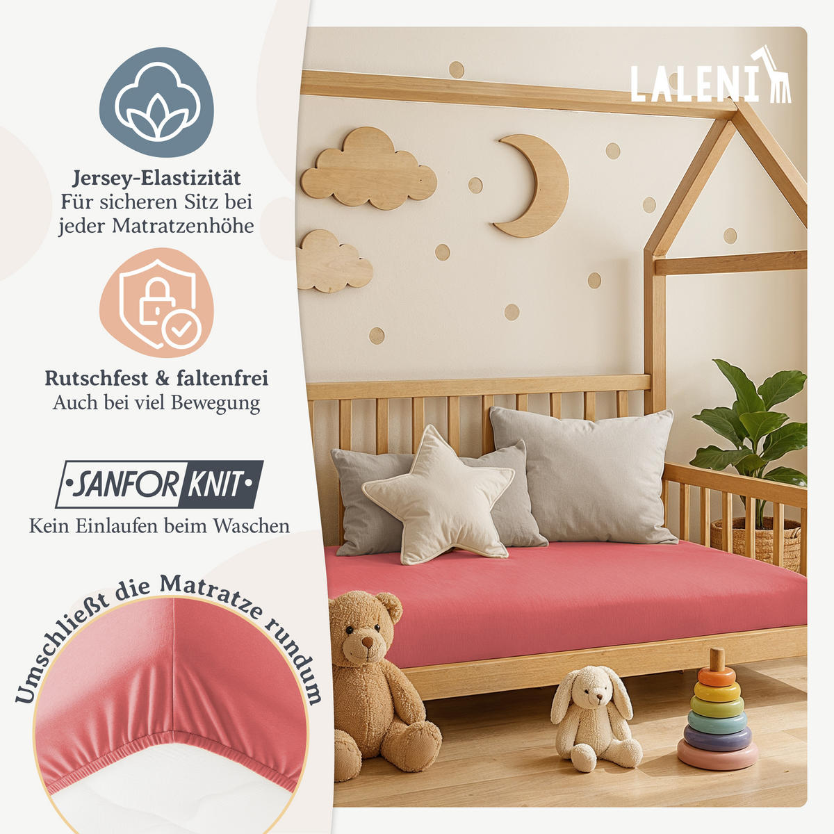 SPANNBETTLAKEN für Beistellbett & Stubenwagen – 100% Baumwolle, Atmungsaktiv & Weich, 28x73cm - 30x76cm, Rot - Rot, Textil (28/76cm) - Laleni
