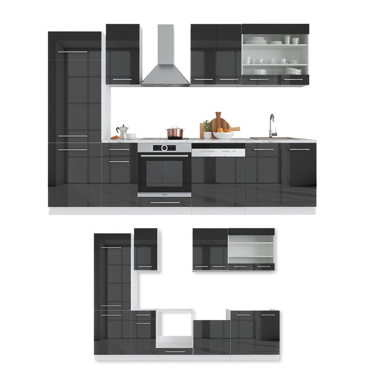 KÜCHENZEILE Fame-Line Anthrazit 300 cm ohne AP - Anthrazit/Weiß, Holzwerkstoff (300/81.6/46cm) - Vicco