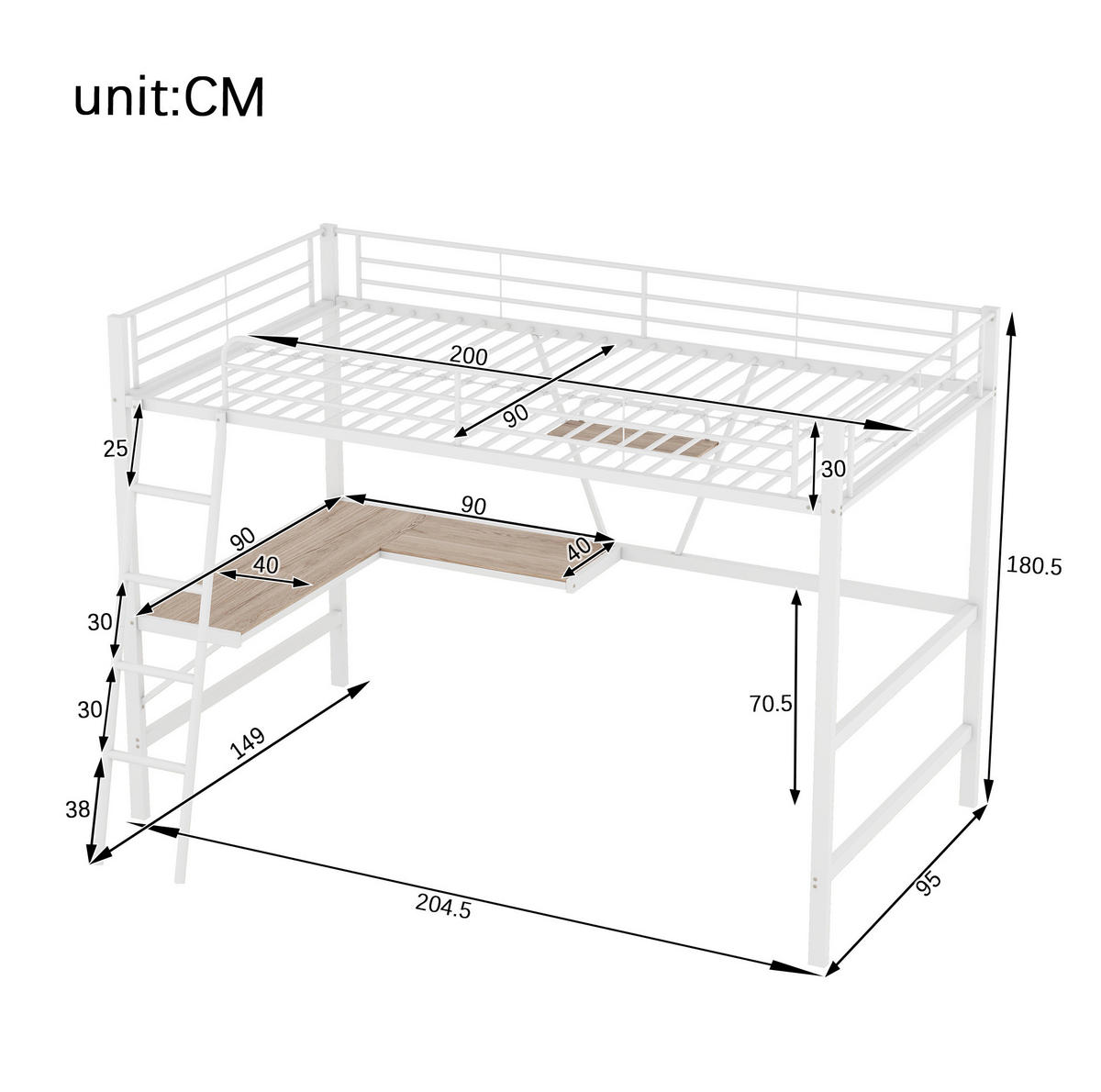 HOCHBETT aus Metall 90x200 cm Weiß mit L-förmigem Schreibtisch, Regal und Sicherheitsgeländer - Weiß, Metall (90/190cm) - Modfu